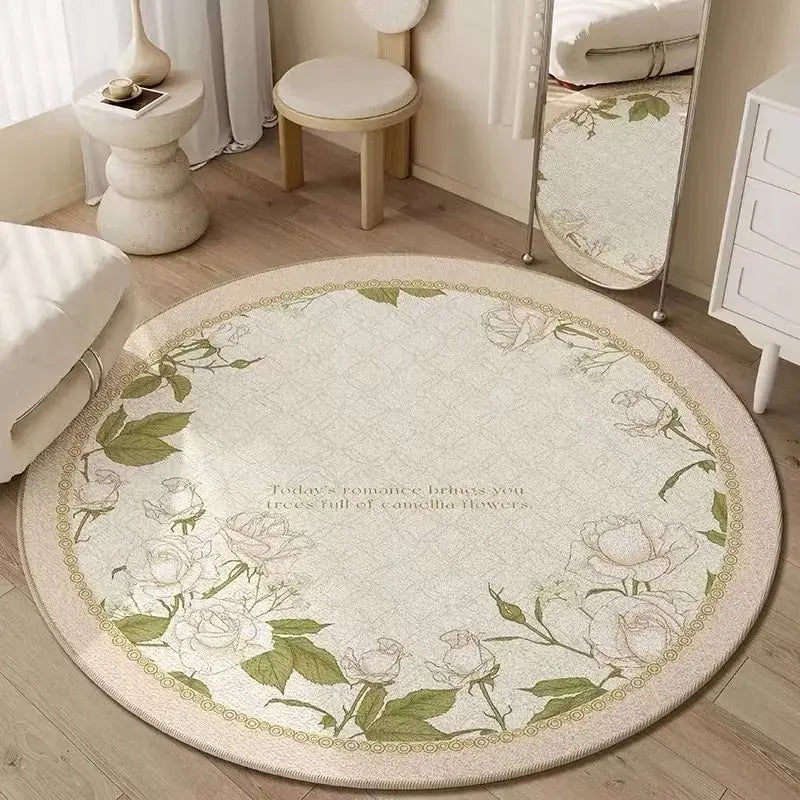tapis rond fleuri polyester pastoral beige rose vert blancextérieur chambre salon