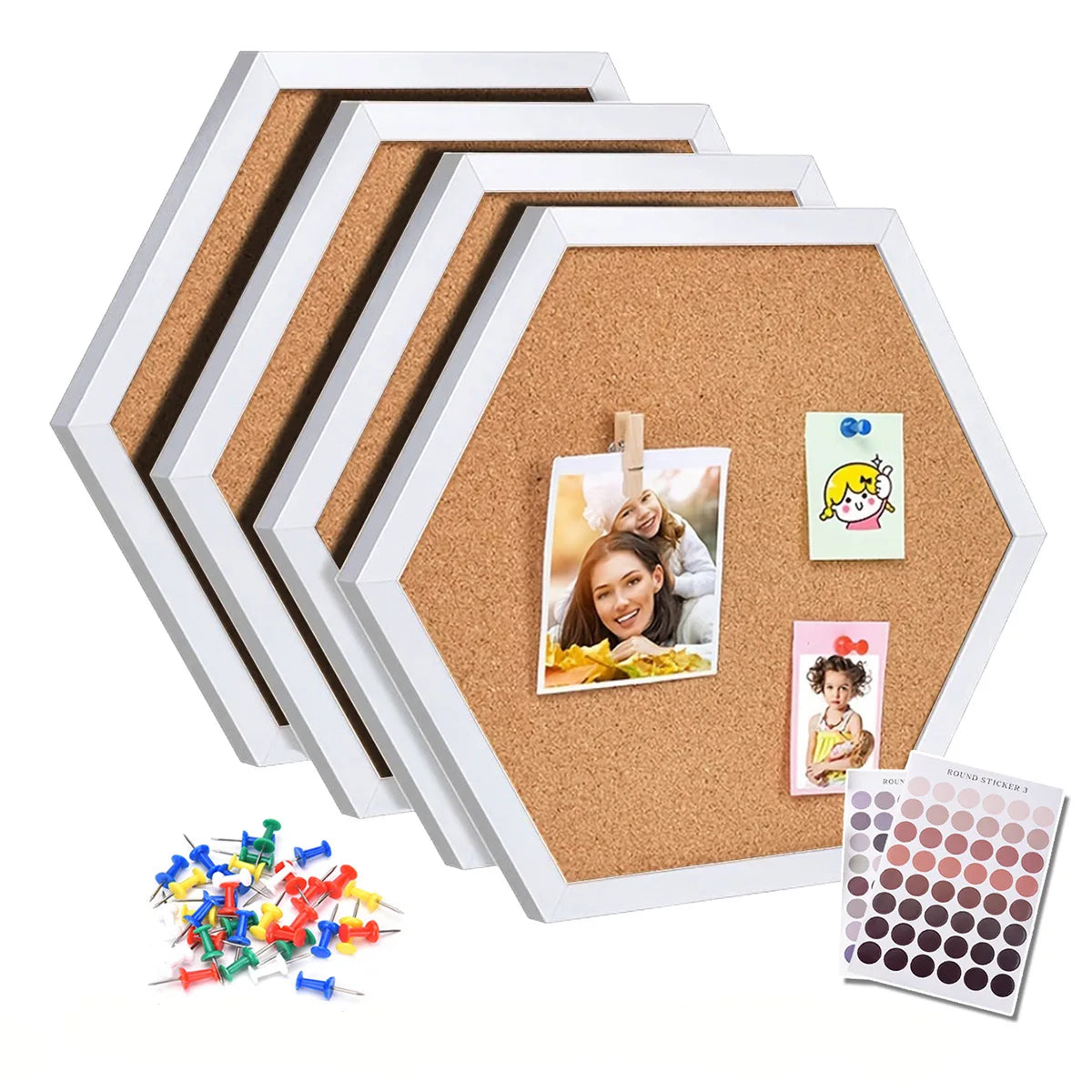 tableau mural liège hexagonal blanc moderne puces autocollants pinces linge
