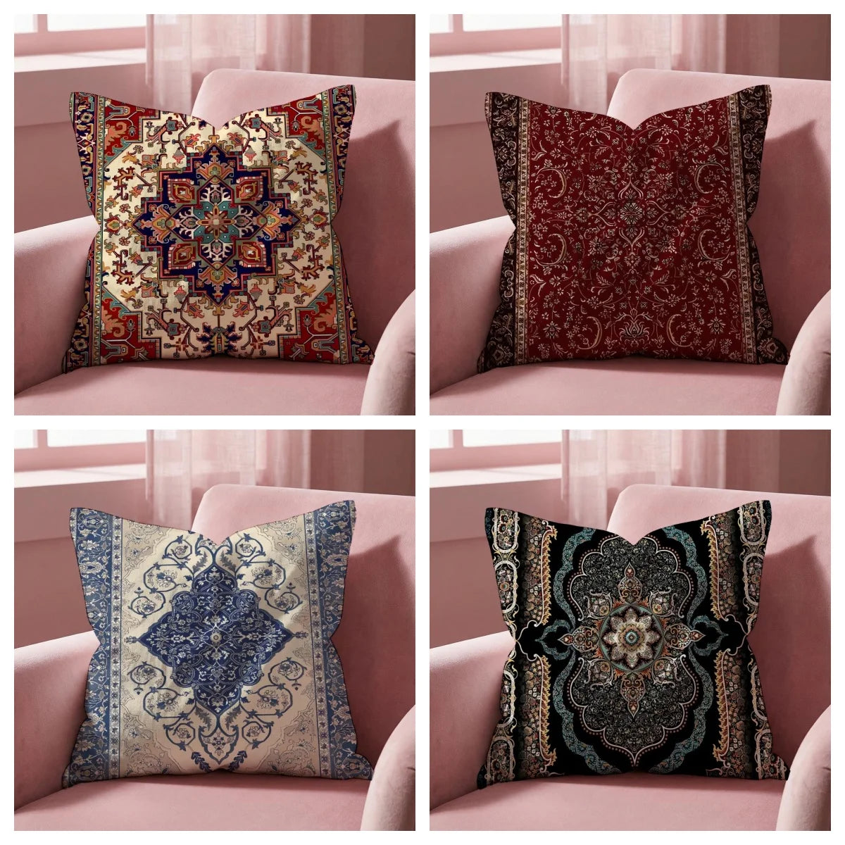 housse coussin bohème imprimé motif floral géométrique rouge bleu beige noir opacité traditionnel maison