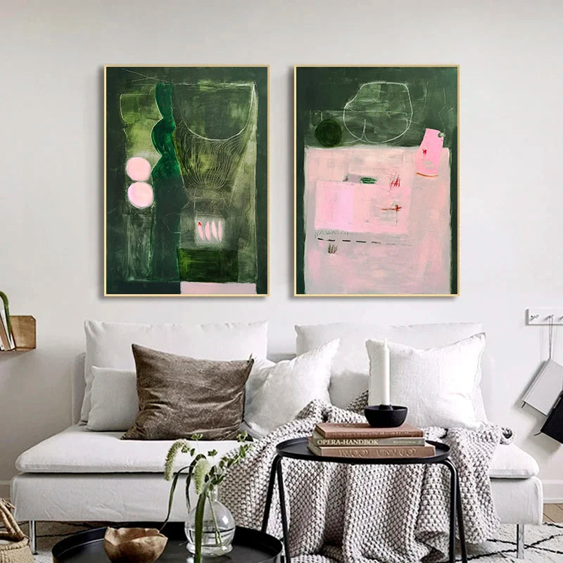 tableaux decoratifs moderne abstraits geometrie couleur vert rose blanc gravure toile coton sans cadre