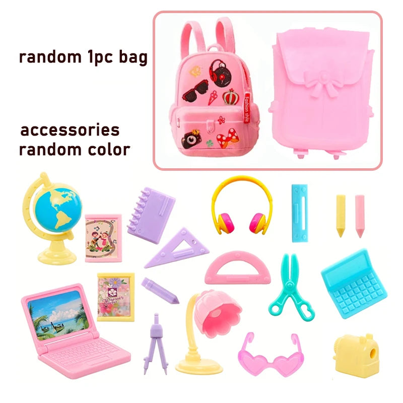 accessoires poupée sac dos rose ordinateur portable lampe globe crayon compas triangle ciseau carnet