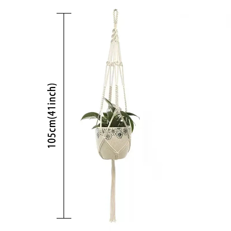 support plante suspendue macramé boho panier blanc noeuds réguliers artisanal pot fleuri