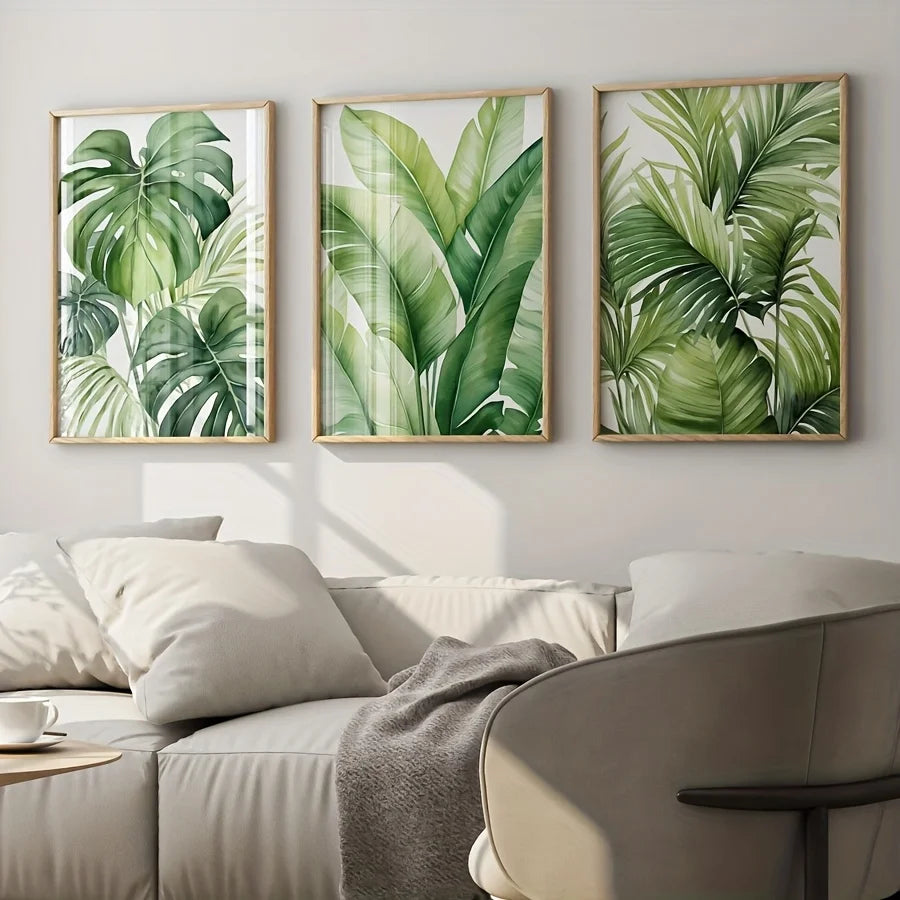 toiles impression feuilles tropicales modernes naturelles vertes blanches cadre bois chambre salon decoration