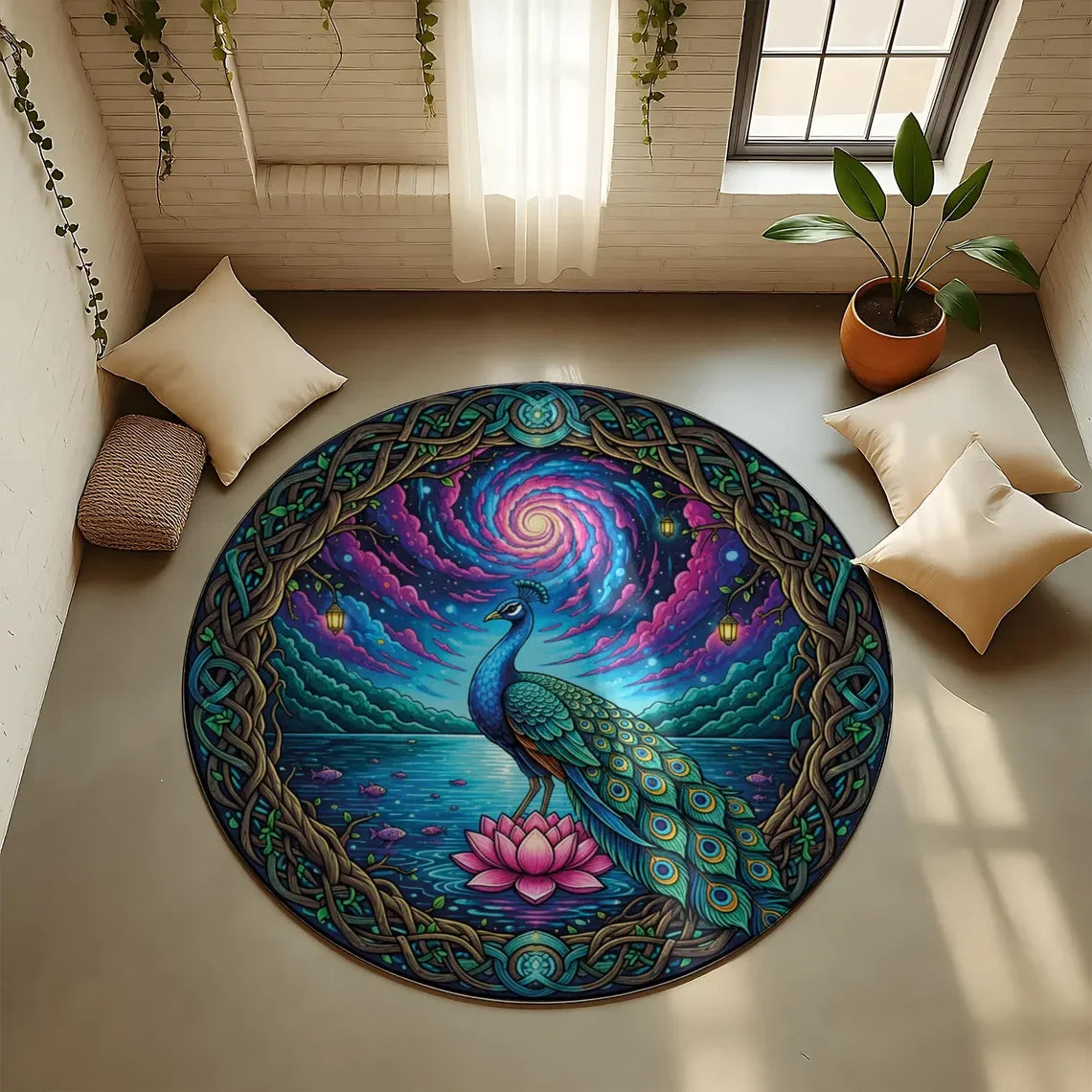 tapis multicolore mandala lotus oiseau boho moderne antidérapant salon chambre cuisine 80x80cm 120x120cm