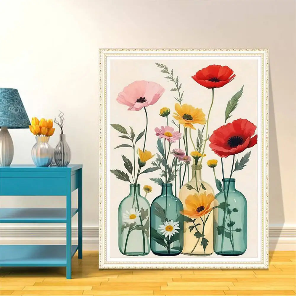 toile peinture fleurs bouteille cadre doré kit débutant peinture numéros moderne art floral relève