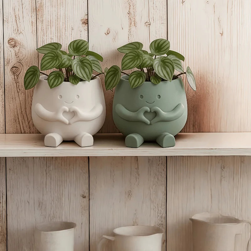 cache pot mignon main coeur souriant blanc vert pastel plantes succulentes décoration intérieure