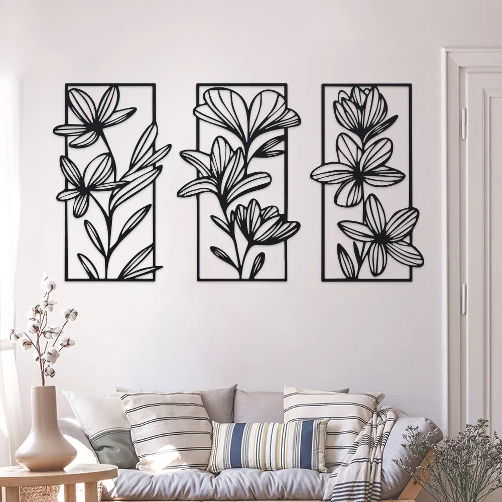 art mural moderne noir fleurs stylisées métal décoration intérieure chambre salon élégant