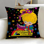 housse coussin vintage cartoon arc ciel personnages étoiles 45x45cm polyester bleu jaune rose noir