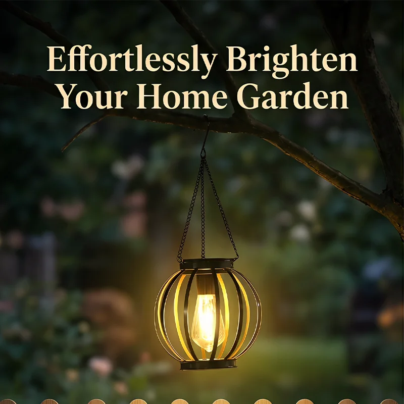 lanterne solaire suspendue noir doré structure fer forgée moderne rustique lumière ledambiante jardin