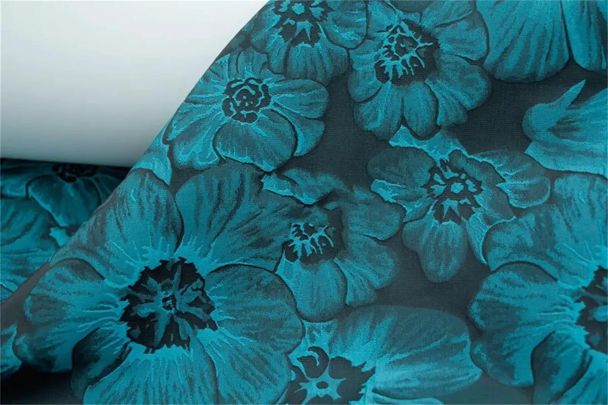 tissu polyester bleu vert fleurs grandes moderne opacité résistant couture bricolage Jacquard 150cm