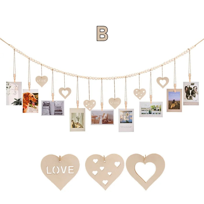 guirlande bois photos suspendues cœurs pinces rustic bohème décoration mur