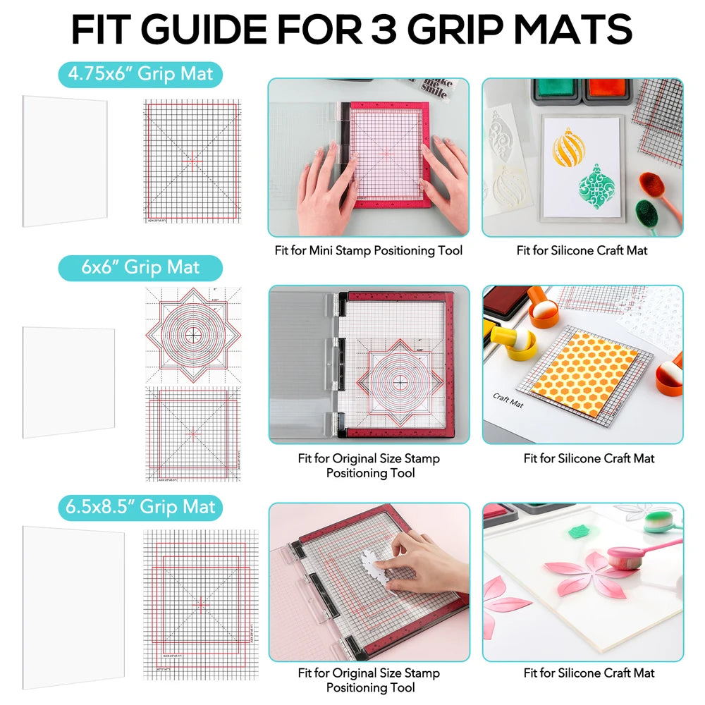 grilles autocollantes transparentes tapis découpe pochoirs outils positionnement tampons encreurs ciseaux bricolage fabrication cartes