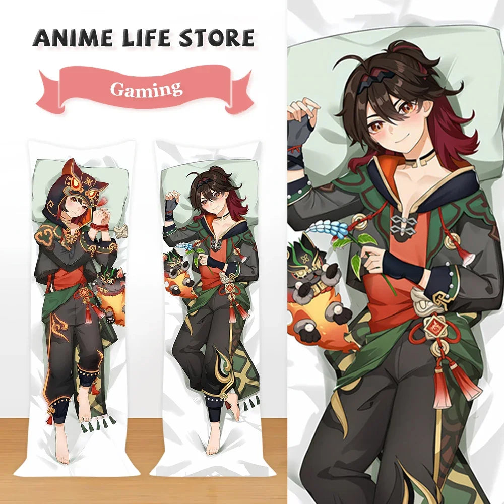 coussin forme allongée imprimé anime personnages féminins couleurs vives vert noir rouge décoration chambre