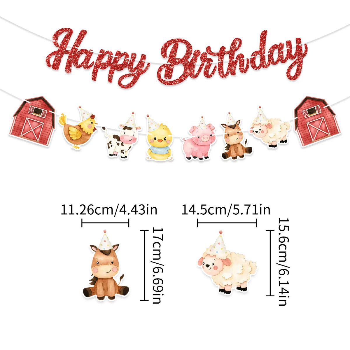guirlande fête animaux ferme rouge blanc happy birthday poulets vaches grange