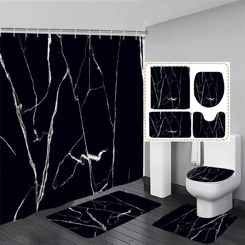 rideau douche marbre noir moderne tapis bain tapis toilette couvercle élégant opaques ensemble pièces