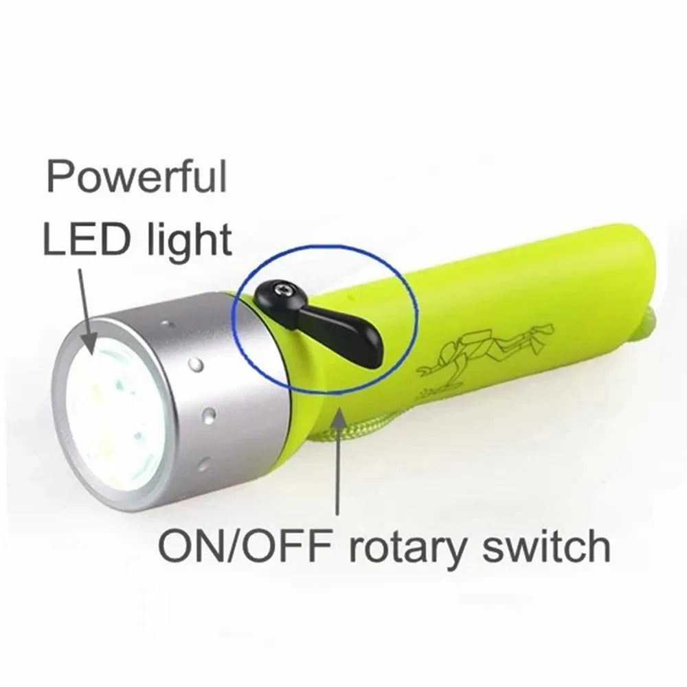 lampe torche sous marine vert fluo argent imprimée plongeur moderne pratique cordon serrure piles
