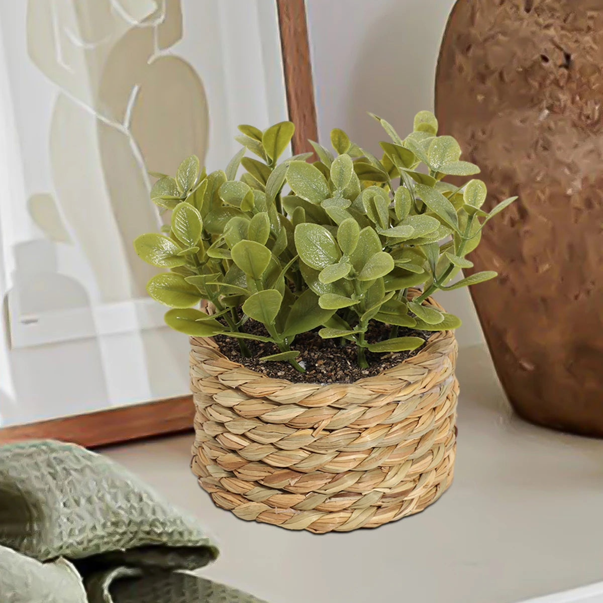 plante artificielle vert clair feuilles simples pot paille rustique décoration intérieure externe exposée
