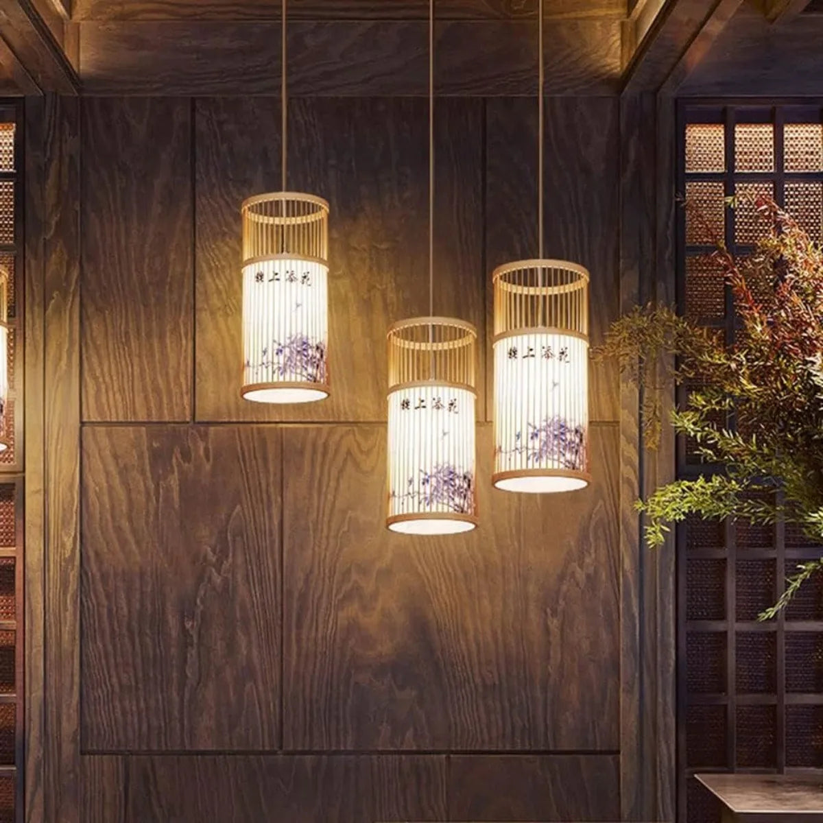 suspension lumineuse bambou rayures horizontales moderne oriental marron clair beige