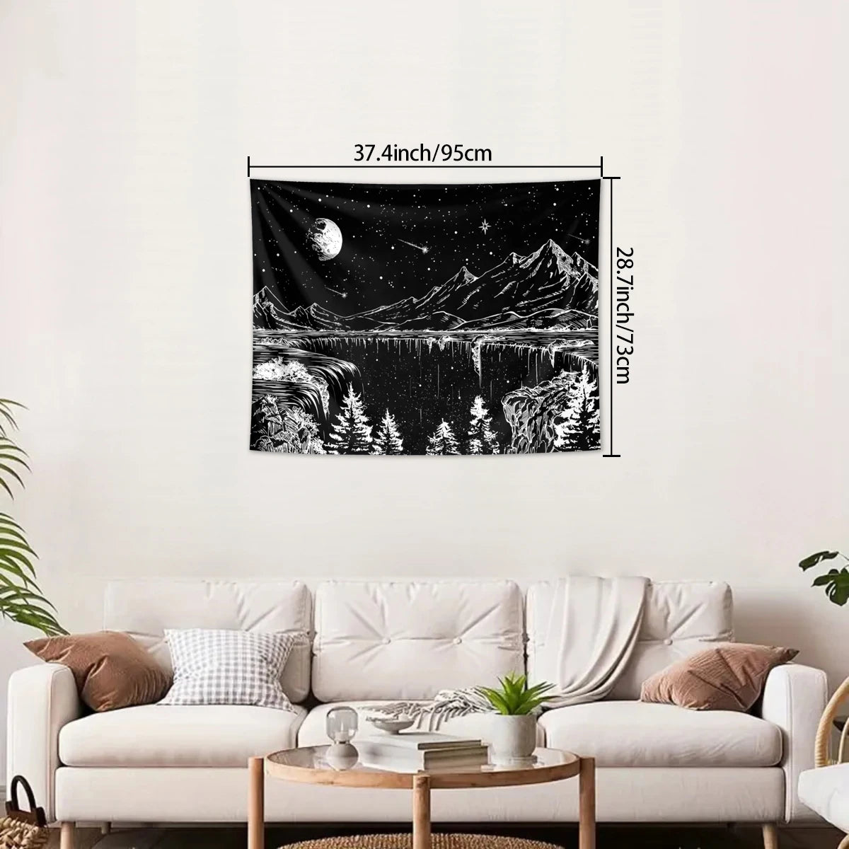 tapisserie moderne paysage nocturne étoiles lune montagnes blanc noir polyester clips chambre coucher graphique