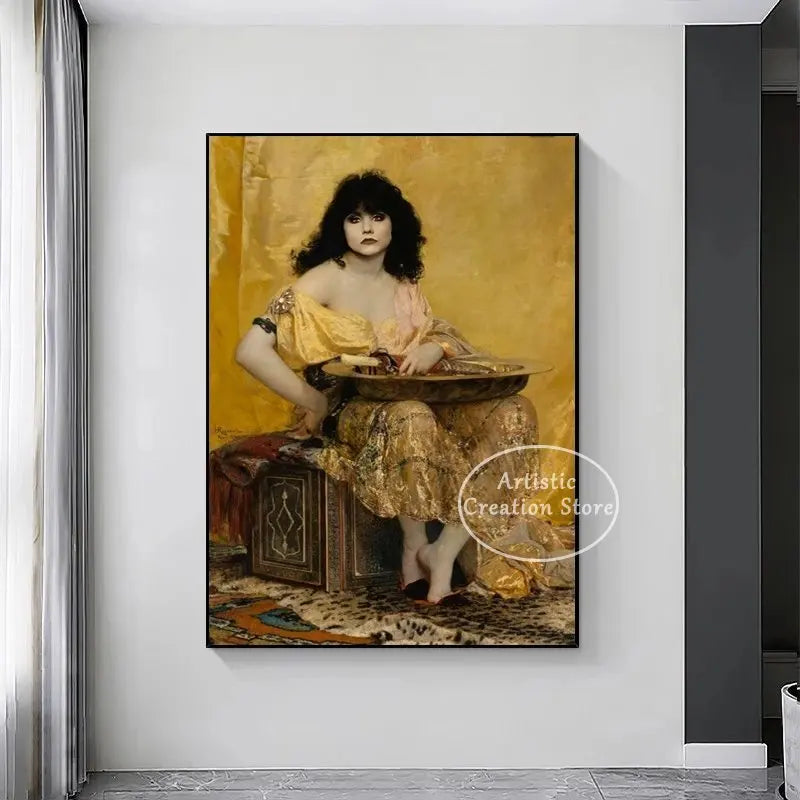toile d'art impression moderne femme orientaliste couleurs jaune beige sans cadre aquarelle