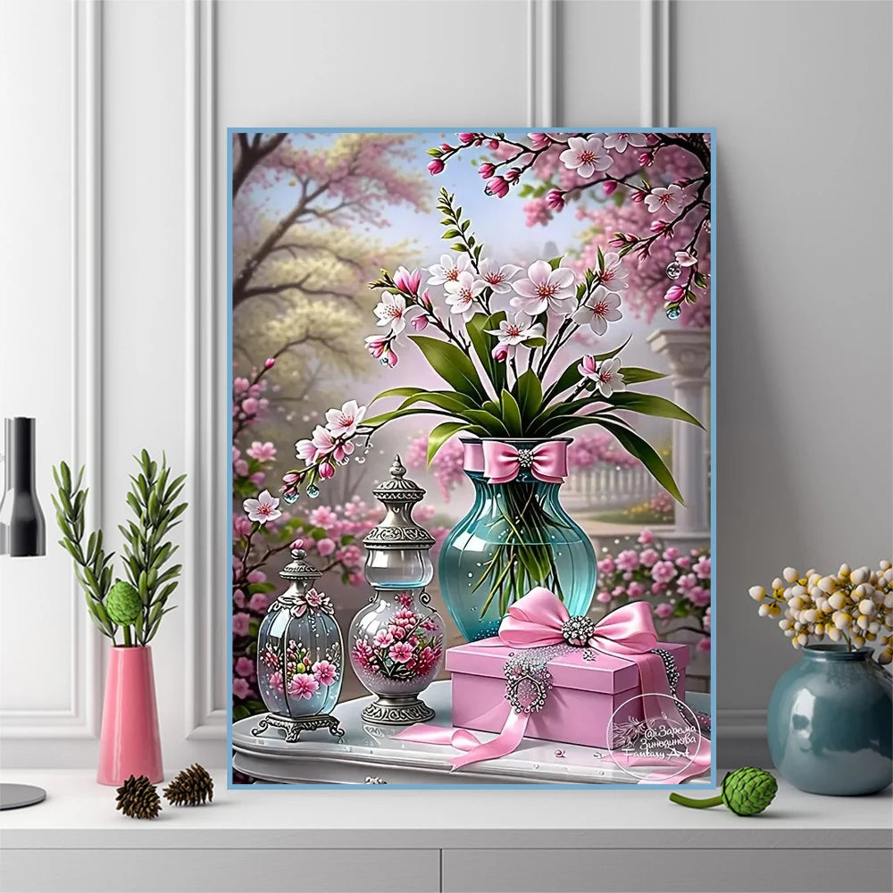 broderie diamant bouquet fleurs cerisier vases transparents motifs floraux diy rose blanc vert turquoise