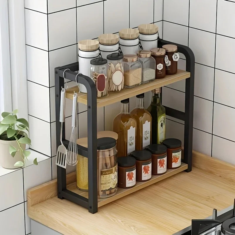 rangement cuisine étagère métal bois noir minimaliste réutilisable moderne tasses condiments organisateur comptoir