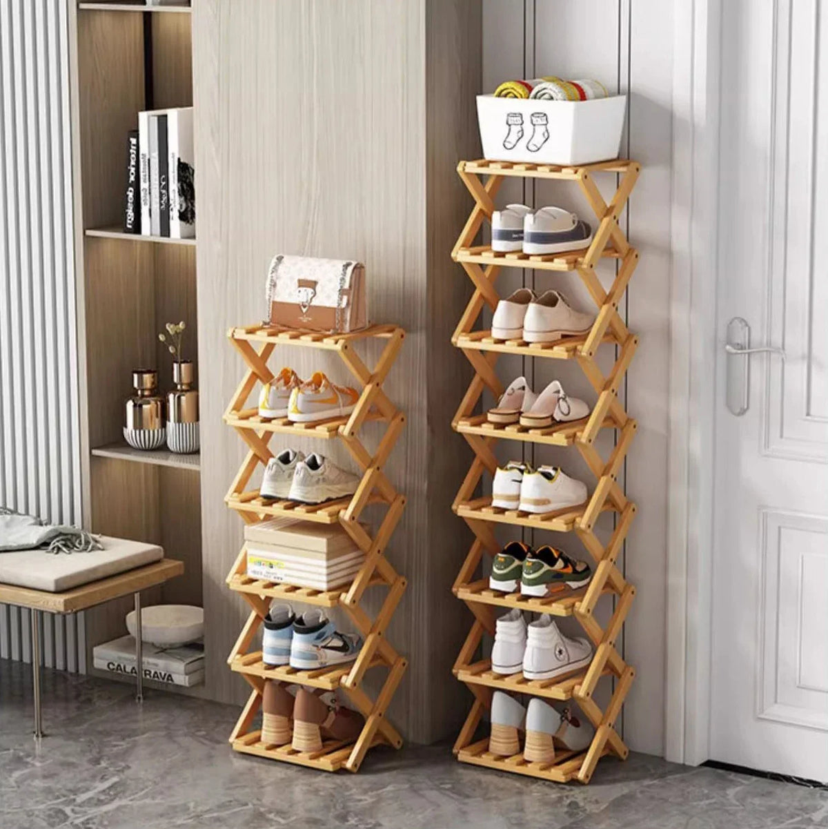 étagère pliante chaussures bois naturel moderne rangement entrée sans installationversible
