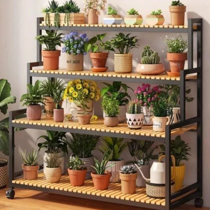 étagère métal bois plantes balcon intérieur extérieur moderne industrielle roulettes pots fleurs verte