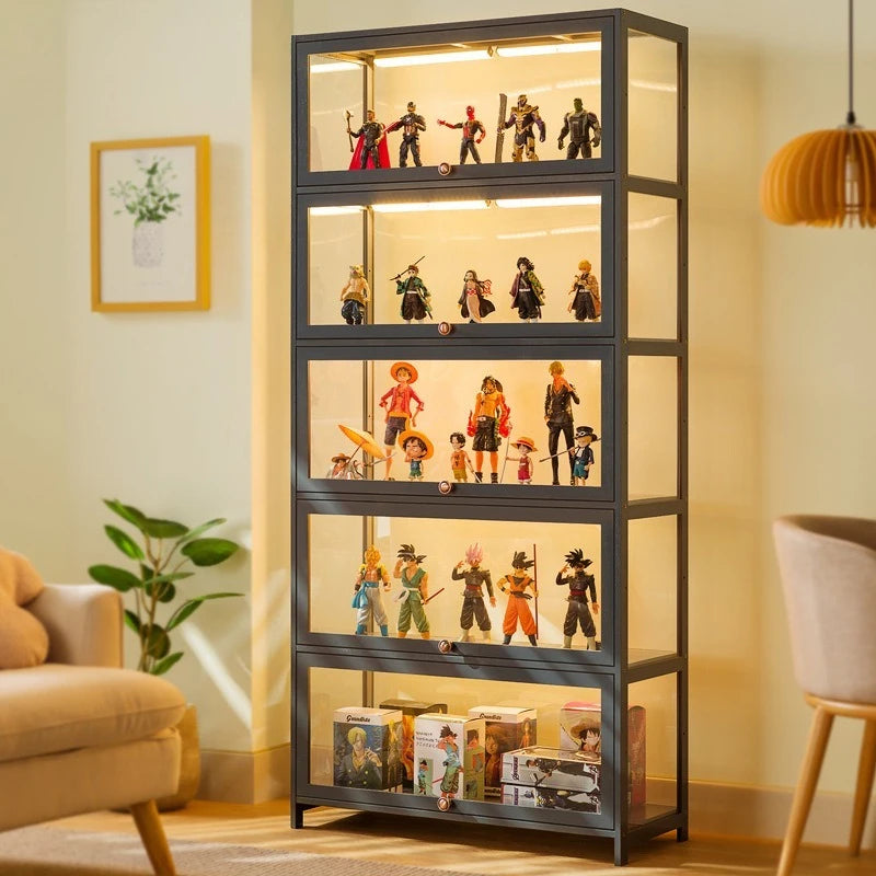 meuble rangement casiers gris métallisé portes acrylique transparent vitrine figurines jouets maison moderne