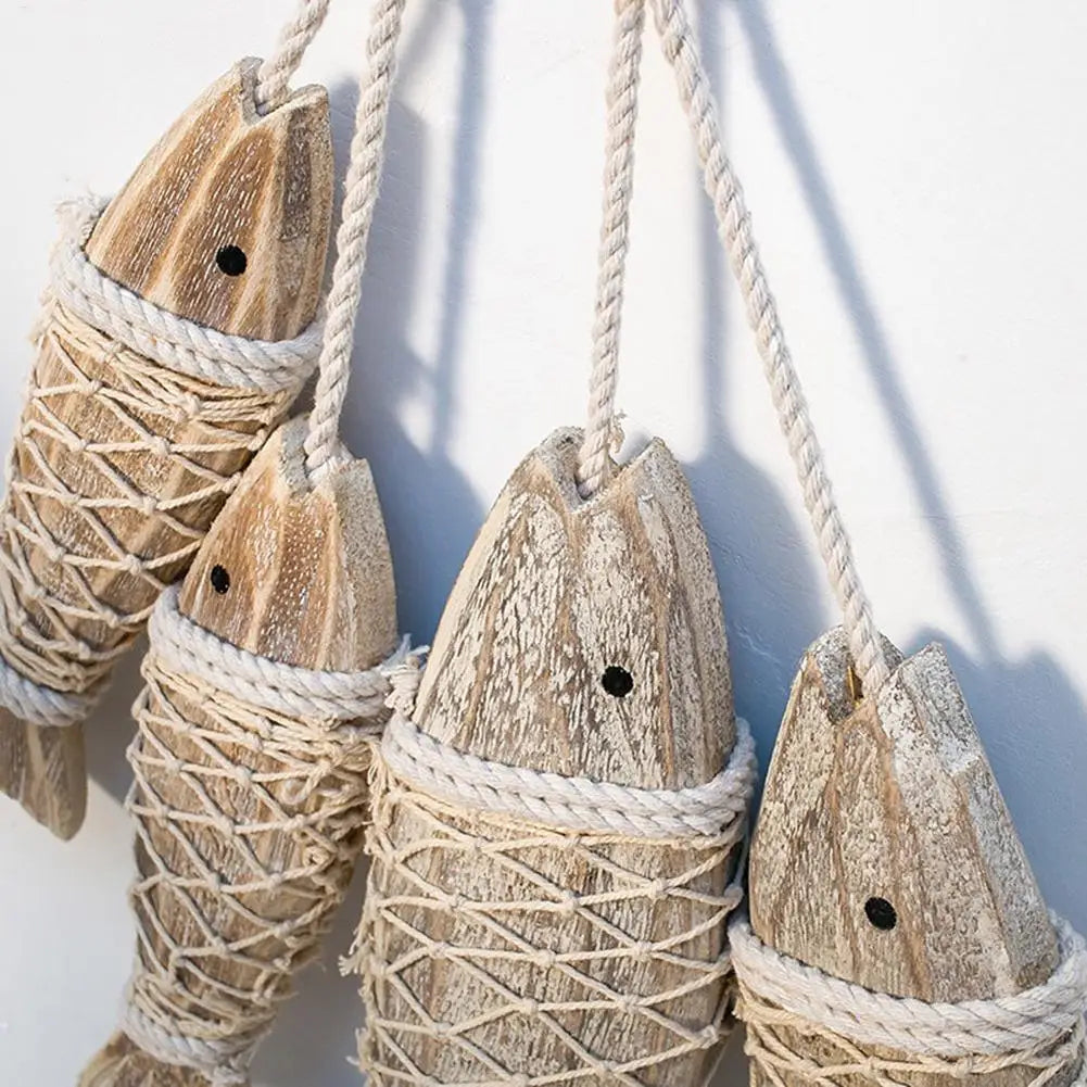 poisson décoratif bois brut marin rustique filet pêche suspension naturelle cadeau