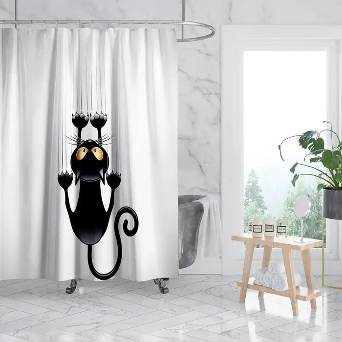 rideau douche chat noir métalliques fond blanc moderne waterproof polyester