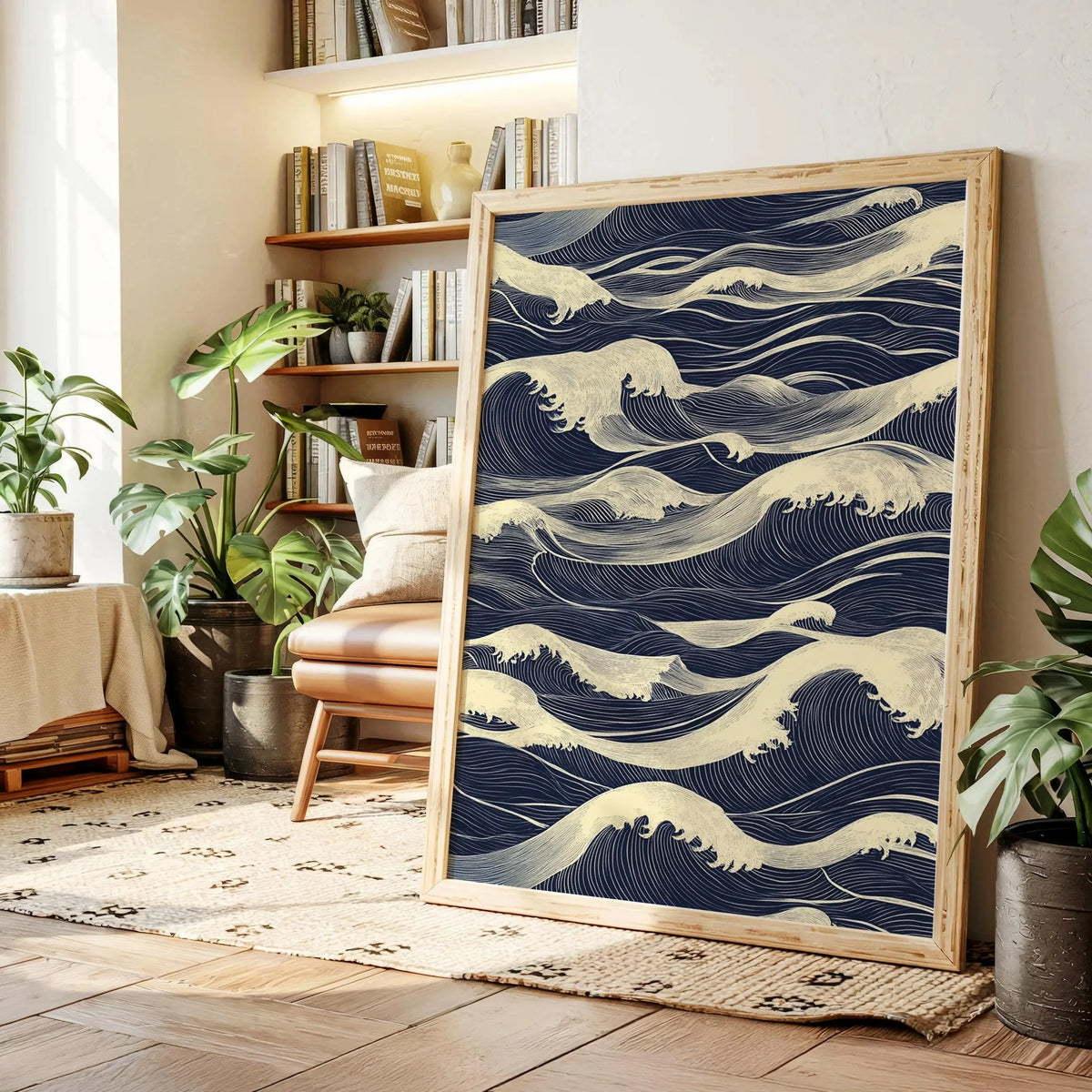 affiche vague bleu marine blanc graphique moderne cadre bois sans cadre