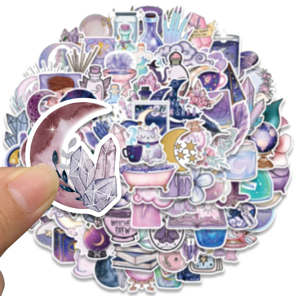 stickers illustratifs fantastiques lune cristaux potions chats violet rose blanc noir
