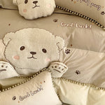 ensemble literie enfant ours mignon beige clair broderie pompons doux coton
