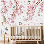 sticker mural arbre fleur cerisier rose oiseaux feuilles naturel chambre salon kitchen