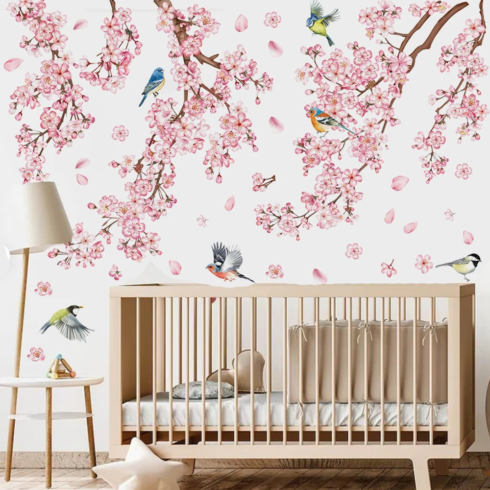sticker mural arbre fleur cerisier rose oiseaux feuilles naturel chambre salon kitchen