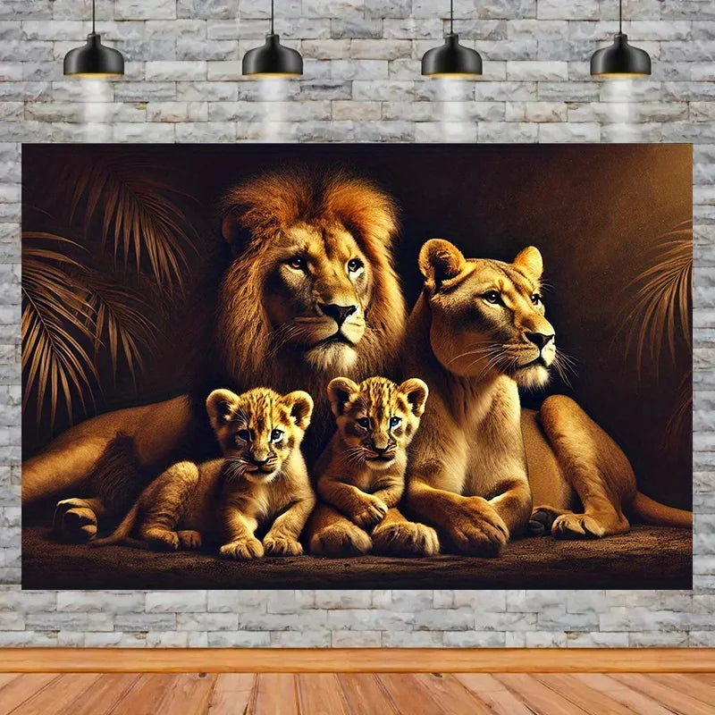 toile fond famille lions marron beige noir classique réaliste clips inclusion Jacquard polyester MACHINE