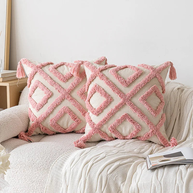 taies d'oreiller géométriques rose clair lit maison douces texturées non toxiques respectueux environnement adhésives