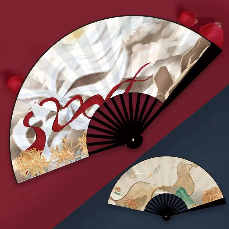 éventail traditionnel artisanal peinture artistique motifs floraux ruban décoratif couleurs vives