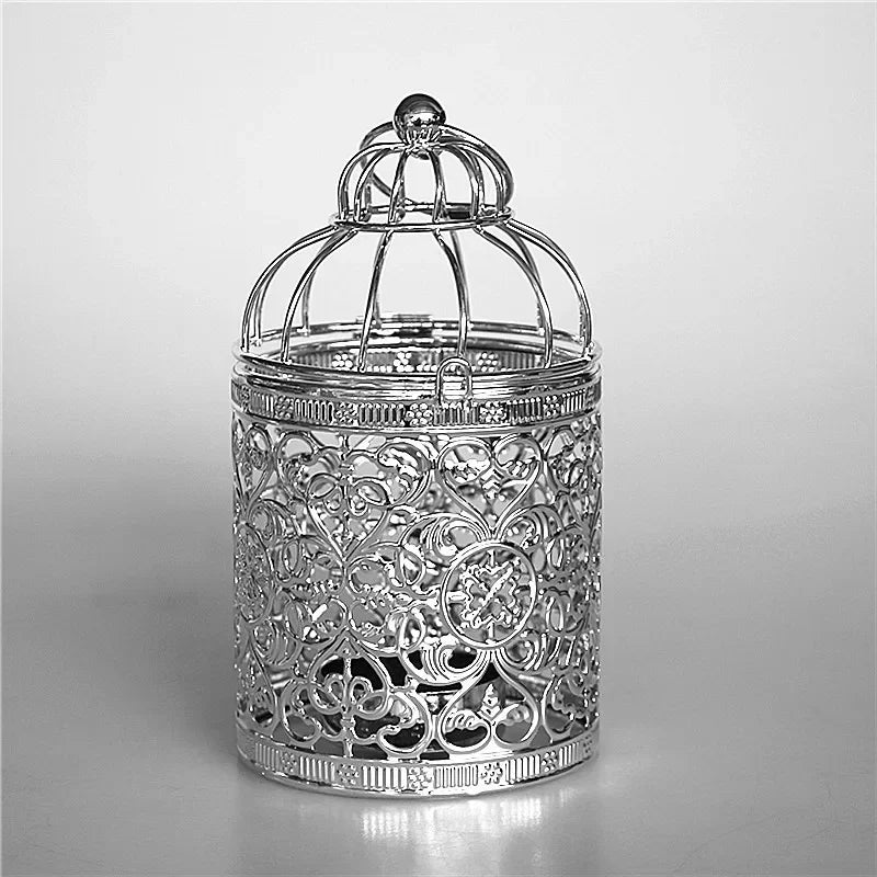 cage oiseaux ornements floraux ajourée artisanale élégante anneaux suspendus décoration maison or argent noir