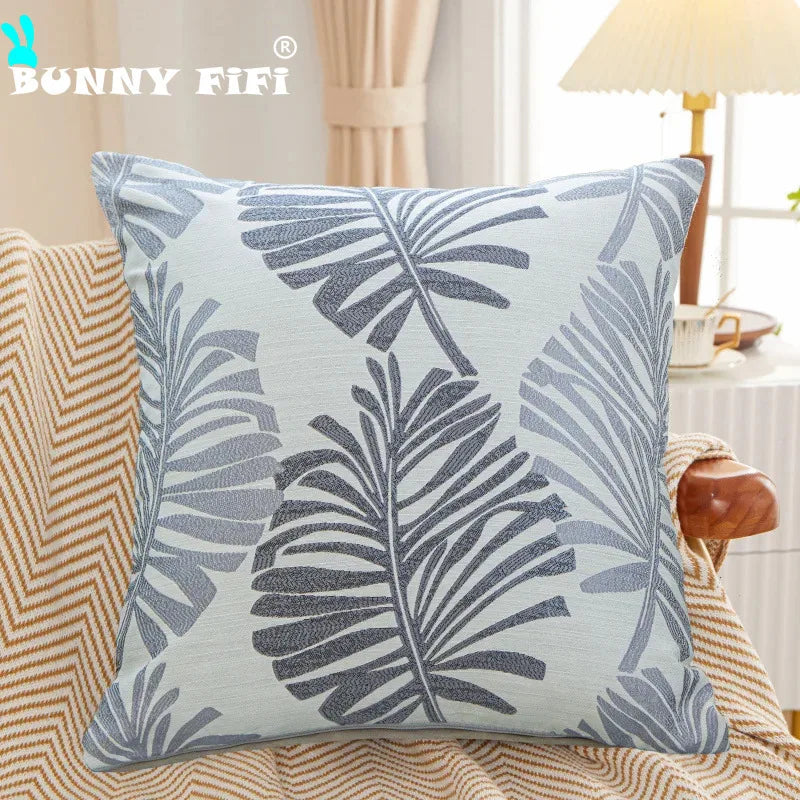 housse coussin carré feuilles palmier polyester coton moderne bleu vert gris rouge nouvelle année