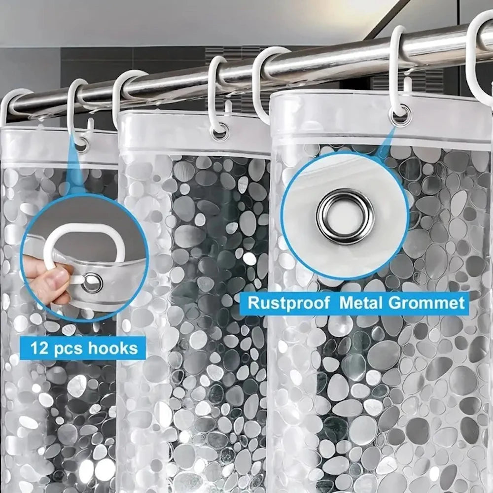 rideau douche transparent motif argenté moderne 12 crochets aimants lestés