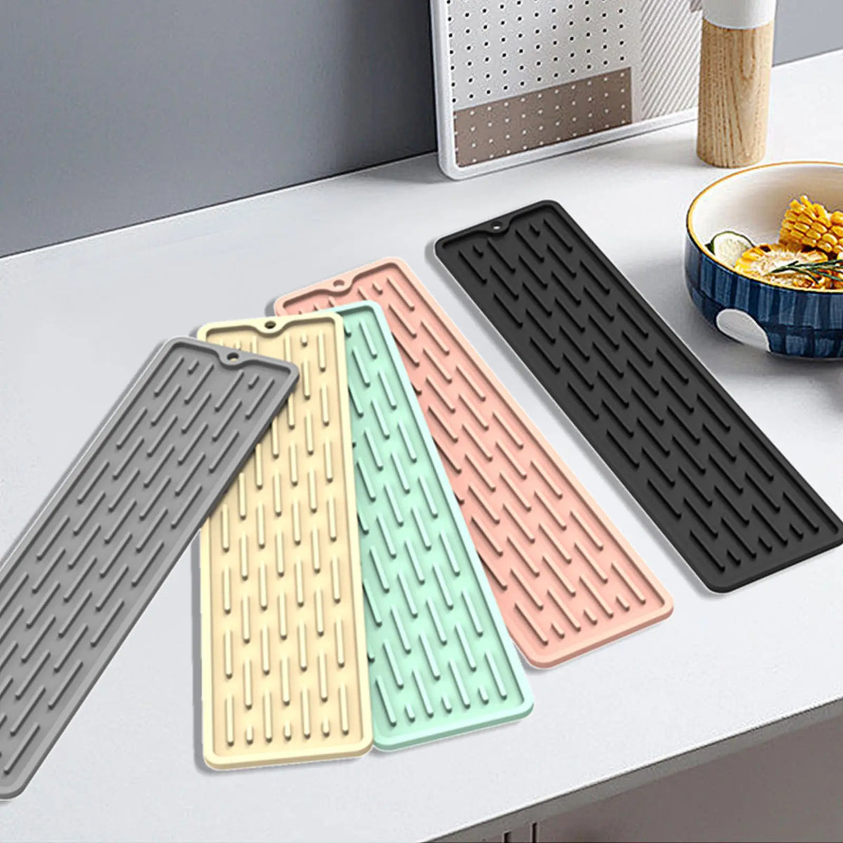 tapis cuisine silicone moderne gris vert rayures antidérapant 35cm 55cm opaques