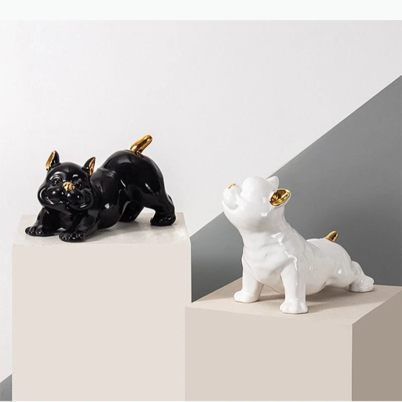 figurine chien bouledogue français noir blanc détails dorés lisse brillante moderne décorative
