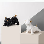 figurine chien bouledogue français noir blanc détails dorés lisse brillante moderne décorative