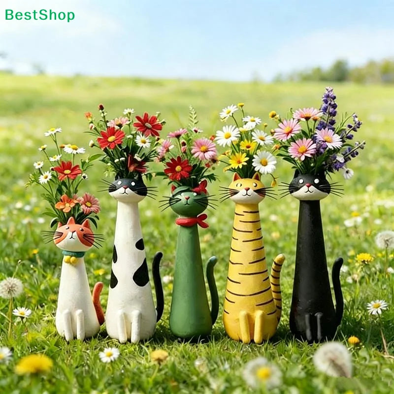vases résine forme chat moderne couleur verte yeux oreilles queue motifs fleursDecorationMaisonBureauOrnementCartoon