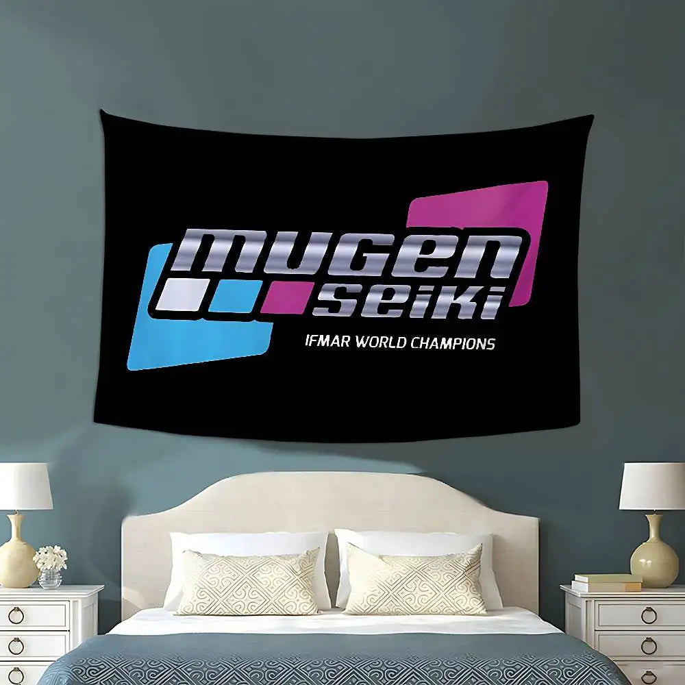 drapeau decoration sportif logo mugen seiki texte ifmar world champions polyester noir bleu violet