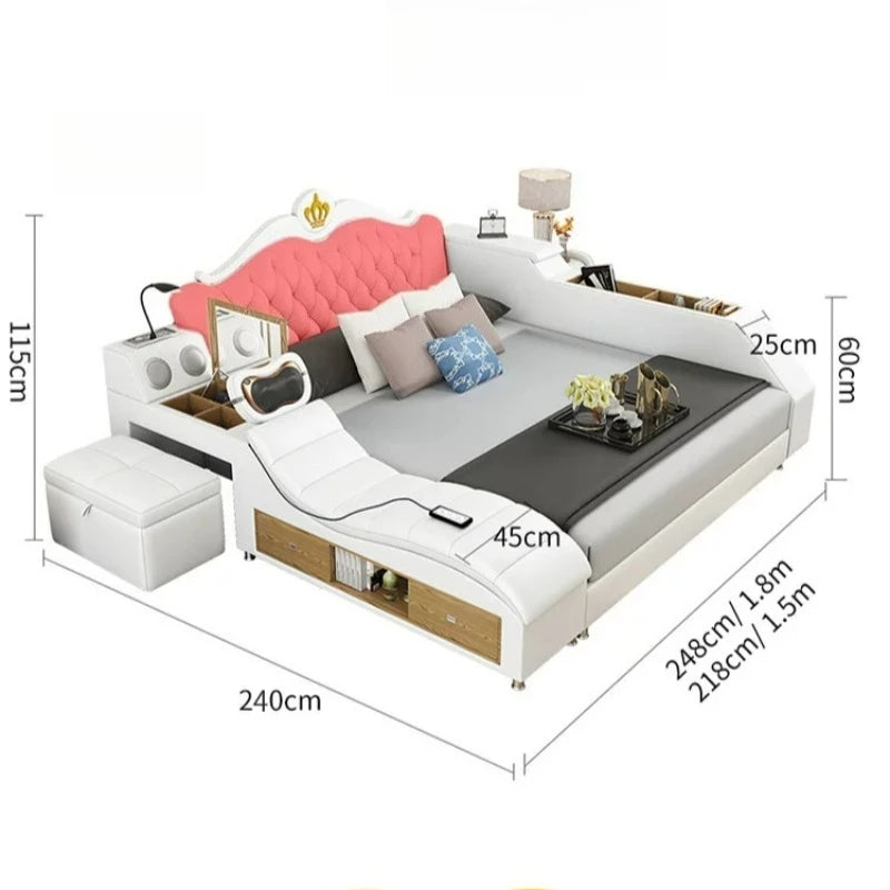 lit multifonctionnel moderne blanc gris oreillers coussins simili cuir rangement sous lit tablette intégrée