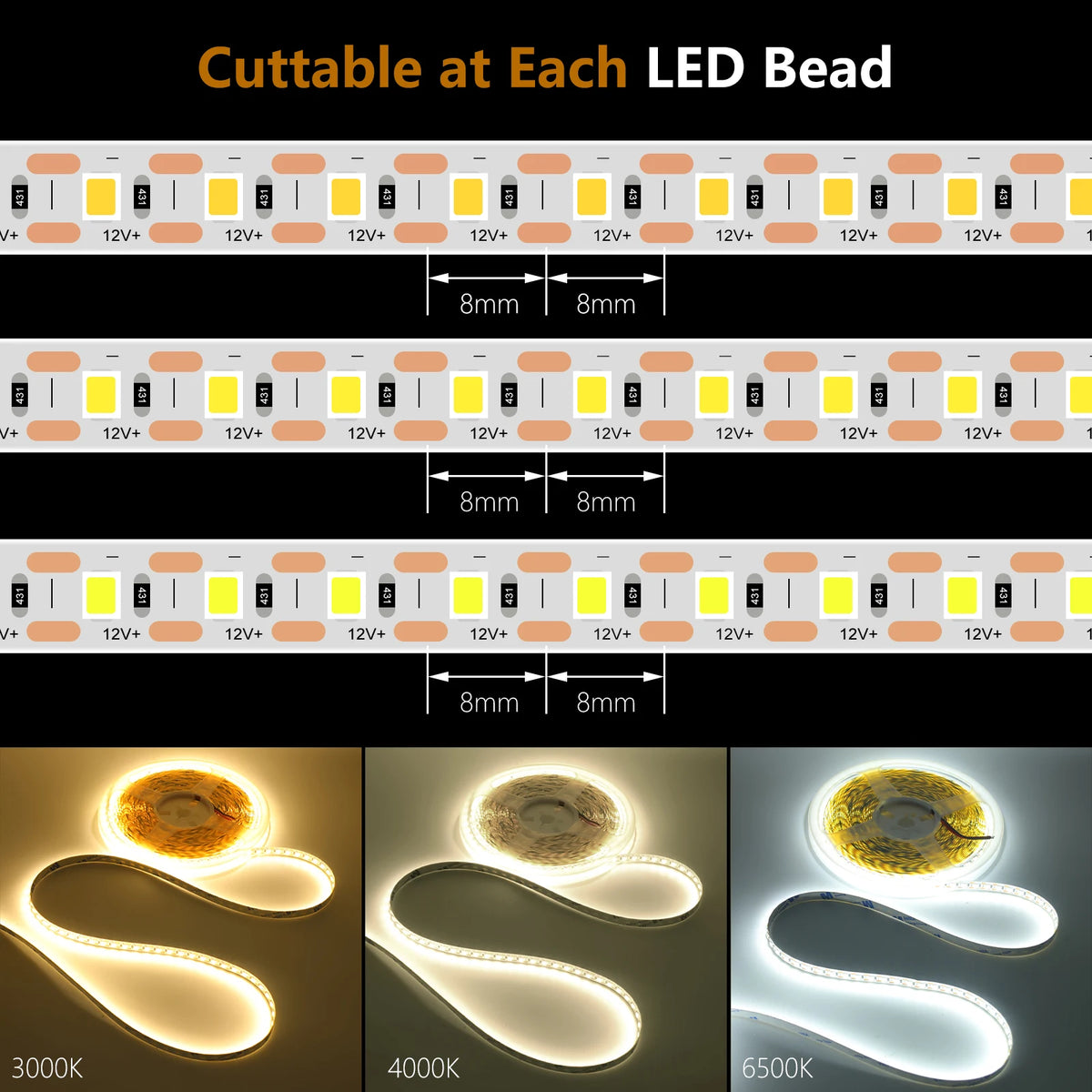 ruban led 12v 10m 3000k 4000k 6000k adhésif moderne blanc jaune gris