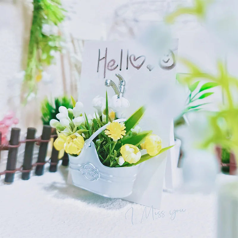 panier fleurs rose blanc jaune vert violet vintage décoratif étiquette flowers garden poignée métallique